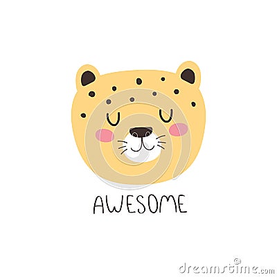 Awesome. cartoon leopard, hand drawing lettering. flat style, colorful vector for kids. Vector Illustration